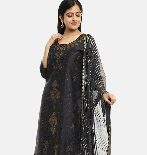 Women Grey Printed Beads and Stones Kurta with Salwar